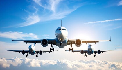 Naklejka premium Three passenger jets flying in formation above clouds