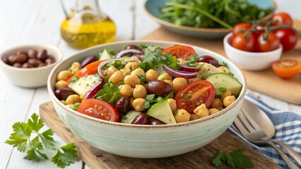 Mediterranean chickpea salad with fresh vegetables and herbs, perfect for summer gatherings or healthy meals