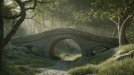 Enchanting old stone bridge over water hidden amongst lush green trees