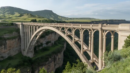 Majestic concrete arch bridge spanning a deep canyon with lush green hillsides above