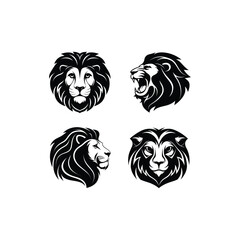 Lion Head Silhouette Vector Set, Roaring, Side Profile, Symmetrical Face, Wild Animal Logo Icons