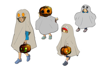 ハロウィンの仮装をした子供たちのイラスト・背景なし