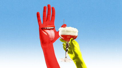 Red surreal collage of hand with mouth sticking tongue out towards cocktail glass in vibrant pop setting. Concept of eccentric nightlife, playful surrealism, party culture and bold art direction.