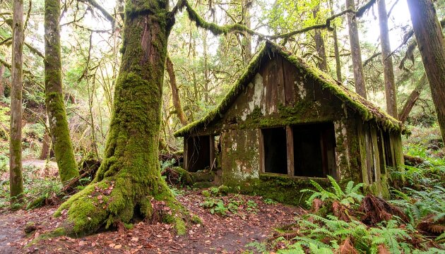 Abandoned cabin in mossy forest