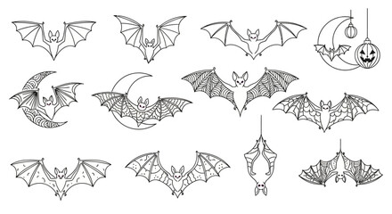 A spooky collection of bat illustrations, perfect for Halloween decorations, invitations, or themed projects. Features diverse bat designs, ideal for creating a festive atmosphere