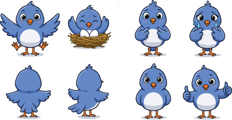 Cute blue cartoon bird with emotional expressions and egg nest, front and back views, kids clipart, animal character set Art & Illustration