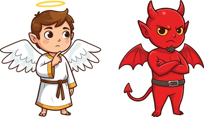 Cute cartoon angel and devil characters, good vs evil concept, moral dilemma illustration, innocence and temptation, heavenly vs hellish debate Happy children running and playing together