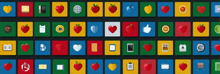 A vibrant grid displays numerous icons depicting elements like health, education, technology, and communication, showcasing a digital landscape.