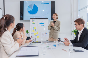 Asian businesswoman standing at the blind side of the presentation board
