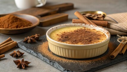 Delicious dessert topped with a sprinkle of cinnamon, set against a rustic backdrop for an enticing culinary experience
