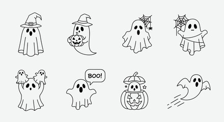 Obraz premium Collection of cute Halloween ghosts in various poses, perfect for seasonal designs, creating spooky illustrations and festive decorations