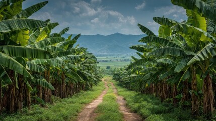 Obraz premium Lush green banana plantation with vibrant foliage lining a dirt path, leading towards distant mountains under a cloudy sky, showcasing agricultural beauty and serenity