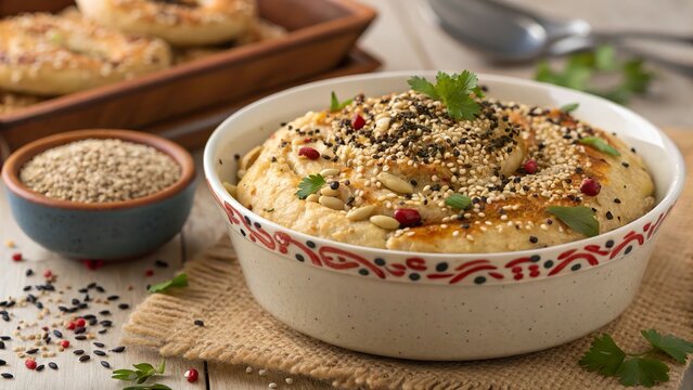 Crafting a flavorful Mediterranean bread topped with sesame seeds and cumin in a cozy kitchen setting