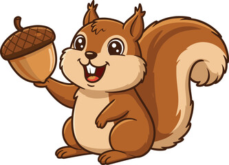 Art & IllustrationCute cartoon squirrel holding big acorn, happy forest animal illustration, children’s character design, woodland wildlife mascot, vector clipart
