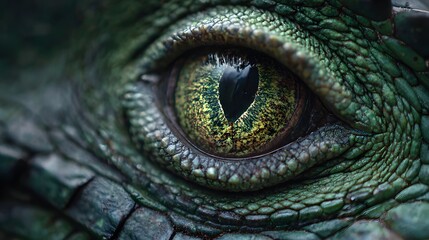 Fototapeta premium Detailed captures a reptilian eye with textured scales, showcasing vibrant green and yellow hues within the iris, reflecting a mysterious, enigmatic ambiance.