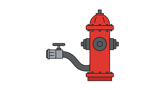 Cartoon Red Fire Hydrant with Gray Valve and Hose.