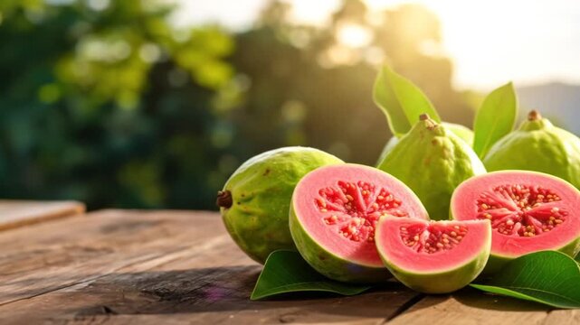 Fresh guava fruit, whole and sliced, on a wooden surface, with out-of-focus background of greenery and sunlight