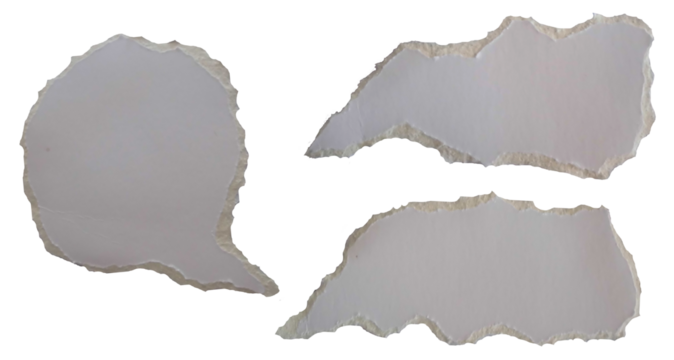 Collection of realistic torn paper pieces in speech bubble and abstract shapes, isolated on transparent background. Perfect for creative design, text space, scrapbooking, collage, and digital art.