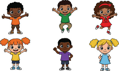 Cute diverse cartoon kids set, happy children characters, multicultural boys and girls illustration, joyful expressions, playful poses, isolated background