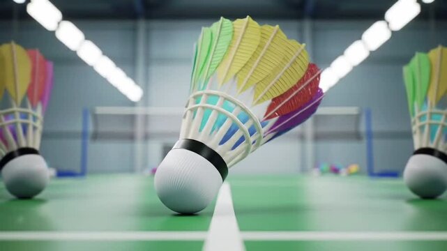 Colorful badminton shuttlecocks on a green court with white lines.