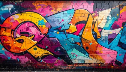 Vibrant colorful urban graffiti mural decorates city wall with dynamic abstract shapes, bold brushstrokes, and splattered paint in vivid hues.