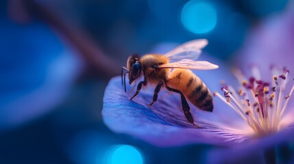captures an industrious bee, its body showing intricate detail and markings, perched delicately on a vibrant purple flower petal against a blurred backdrop of deep blue and purple hues, creating a...