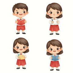 Cute Cartoon School Kids in Uniform Illustration Indonesia student watercolor