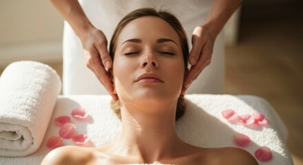Woman receiving a face massage, lying with eyes closed. Peaceful, serene