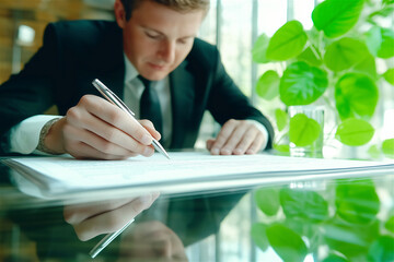 Business professional in suit writing notes at glass desk with green plants in background. Modern workspace environment with natural elements showing productivity and focus with copy space.