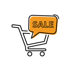 Exciting sale announcement with shopping cart icon and bright orange speech bubble for retail promotions and marketing campaigns