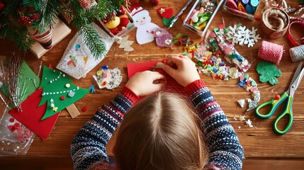 Child making Christmas crafts, with supplies on wooden table near Christmas tree, top view, copy space