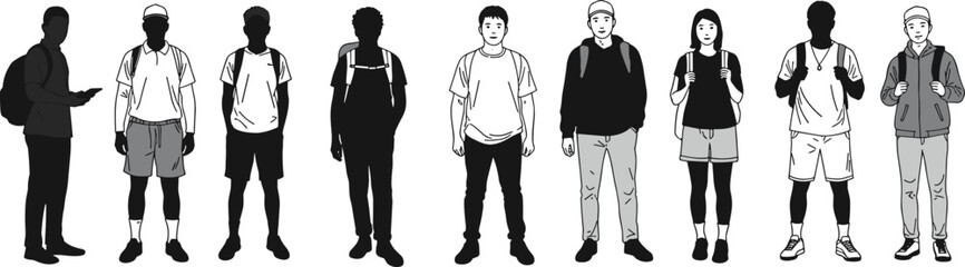 Art & IllustrationDiverse group of students standing in line, backpacks on, casual outfits, modern youth fashion, university lifestyle, multicultural teens illustration