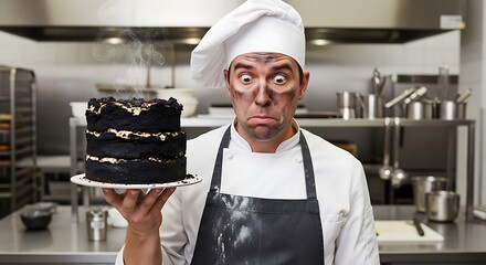 Shocked Chef with Burnt Cake in Kitchen.