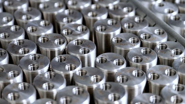 Macro close-up of rows of precisely machined metal components stacked together, showing threads and markings, conveying quality, accuracy, and professional manufacturing