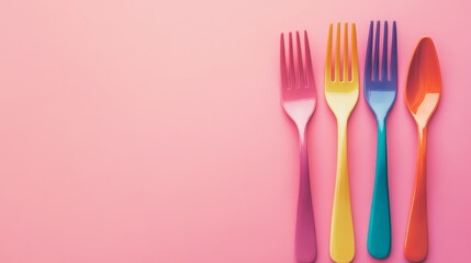 42.Plastic Cutlery Forks in Colorful on a Pink Background