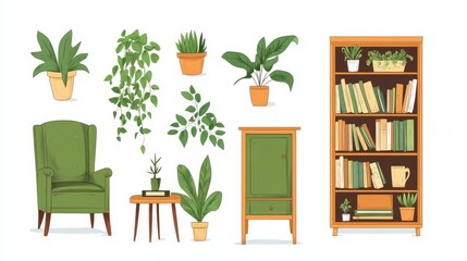 24.Room interior with green and brown bookcases, an armchair, books, and houseplants. Cozy old-fashioned classic interior design. Furniture set. Interior constructor. Cartoon vector illustration