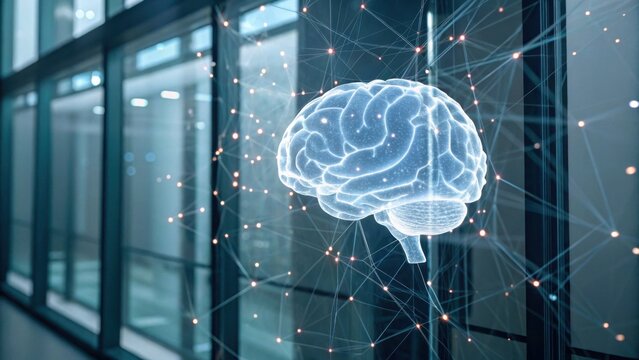 A digital representation of a brain surrounded by a network of connected points, symbolizing technology and cognitive processes in a modern setting.