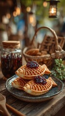 Fototapeta premium Taiyaki fish pastries topping with fruit jam
