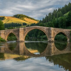 Timeless medieval stone arch bridge spans tranquil river amidst lush scenery