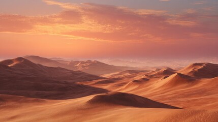 Aerial view depicts sandy desert dunes and distant mountains under a serene orange sky