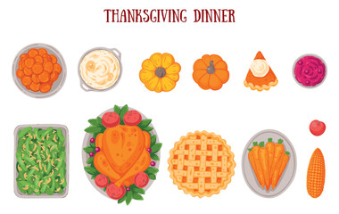 Thanksgiving day, family dinner. Hand drawn flat style. Thanksgiving food collection. Top view vector illustration. Festive dinner with turkey and potato, apple pie, vegetables, fruits. Autumn food