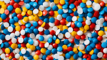 61.A close-up shot of colorful polymer plastic pellets in blue, red, yellow, and white, scattered in a controlled pattern on a smooth industrial surface, representing raw material production.
