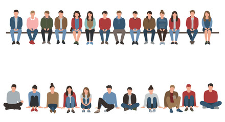 Art & IllustrationGroup of diverse people sitting on bench and floor, casual meeting, teamwork, discussion, students, community, social gathering, flat illustration.