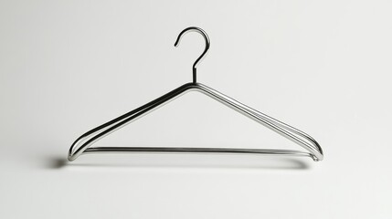37.A single silver wire coat hanger with a smooth metallic finish, perfectly centered on a crisp white background, with soft shadows emphasizing its thin and minimalist design.
