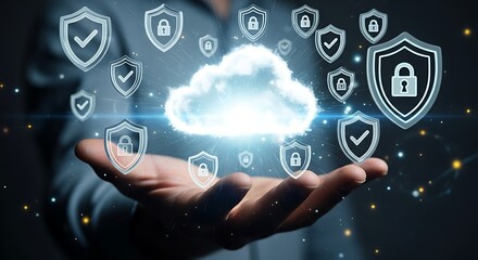 Fototapeta premium Cloud computing security concept with a person holding a glowing cloud in their hand, surrounded by security icons, symbolizing data protection and secure online services