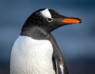 Close-up of a gentoo penguin with orange beak and white markings.