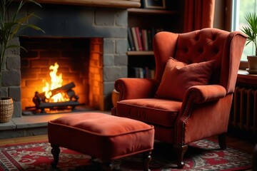 Cozy autumn evening by a fireplace with a plush armchair and ottoman