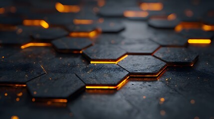 Abstract composition featuring hexagonal shapes with dark gray surfaces, subtly lit with warm, vibrant orange highlights, creating a futuristic and technology-focused aesthetic, offering a textural...