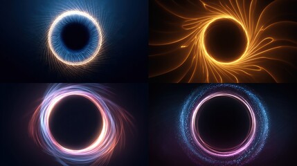 Four abstract swirling circles of light surround dark voids against a black background
