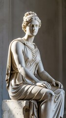 Ancient greek marble sculpture of a seated woman regal pose detailed drapery